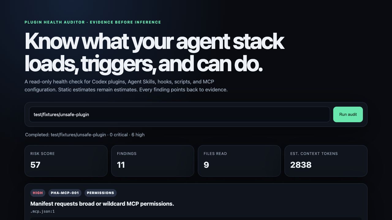 Plugin Health Auditor showing an evidence-backed unsafe fixture report