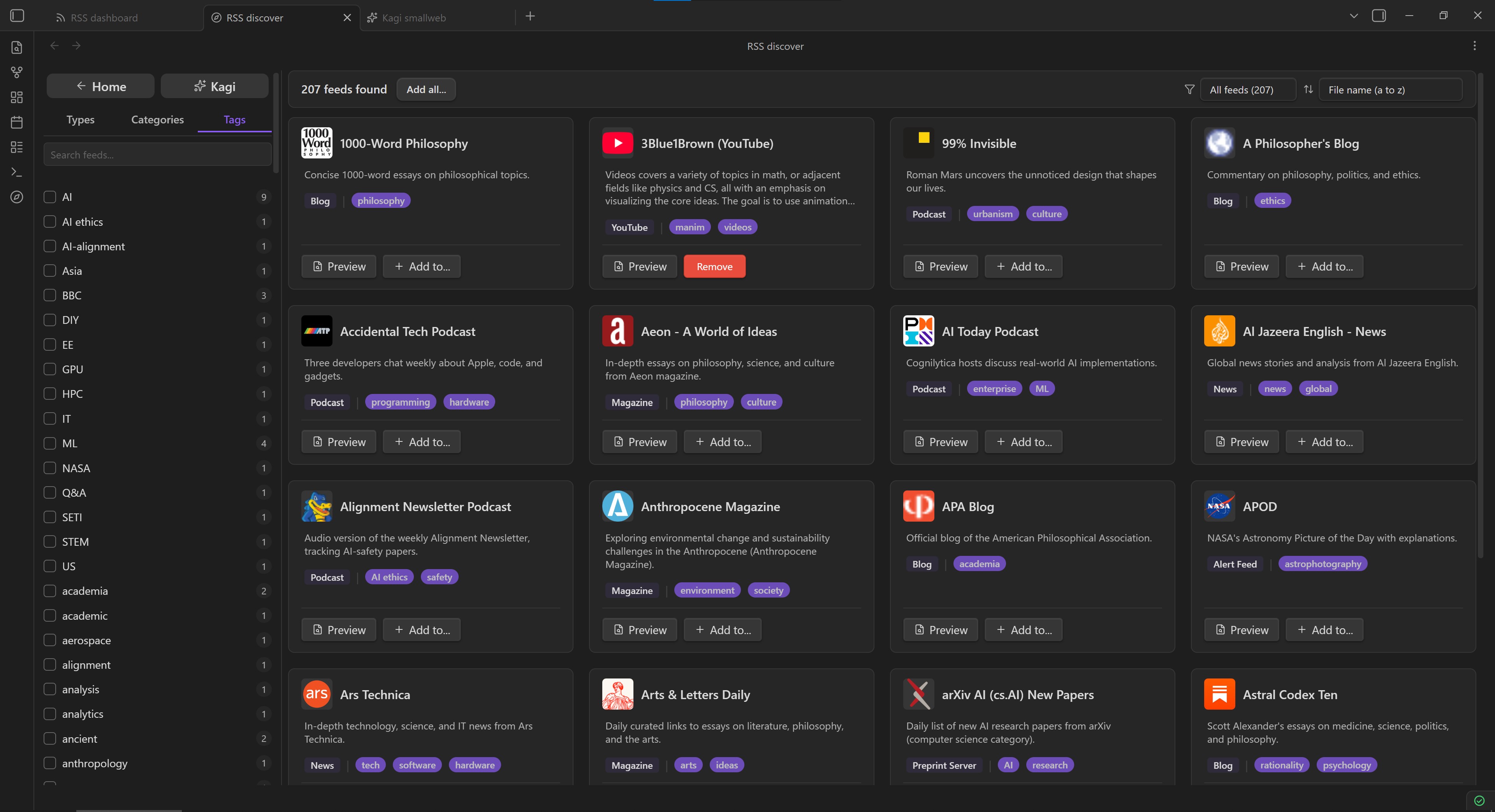 RSS Dashboard Discover page