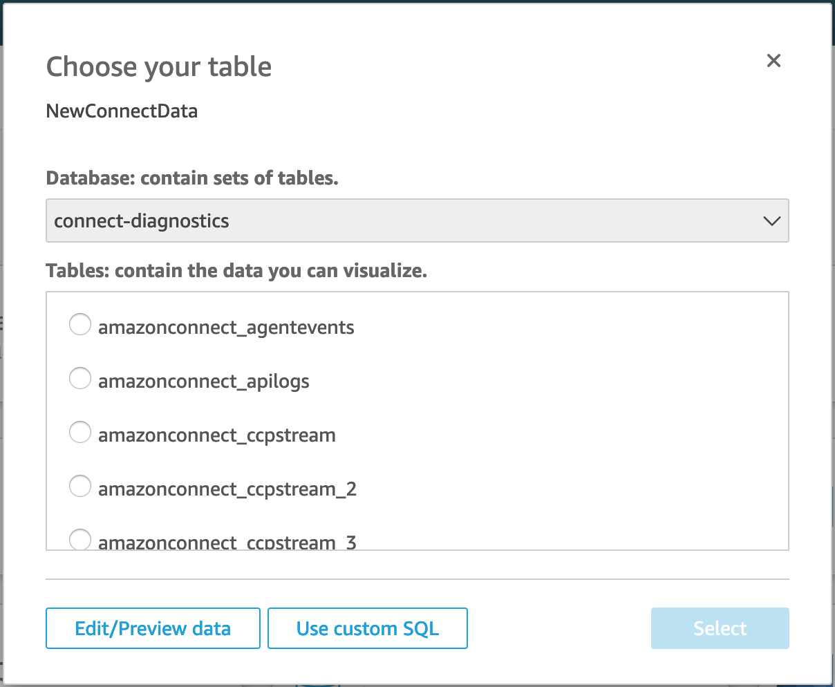 Quicksight select table