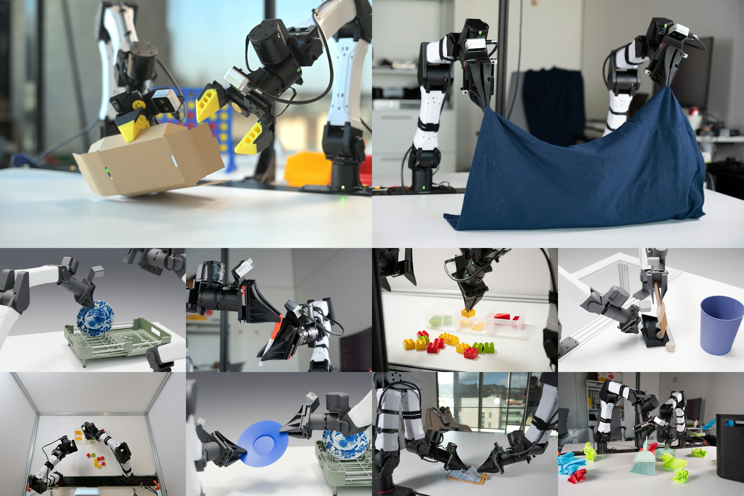 ABC bimanual robots performing folding, packing, sorting, and assembly tasks