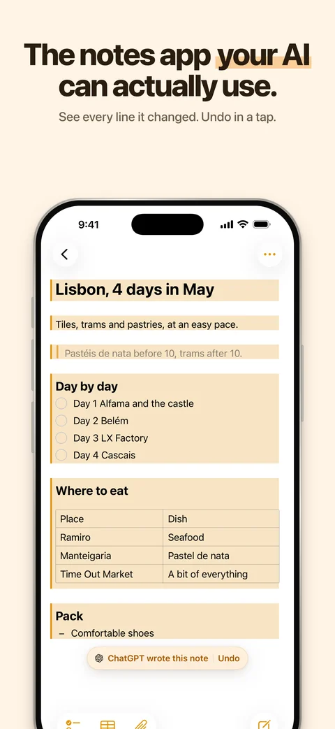 The Lisbon note on iPhone, with the lines ChatGPT wrote tinted and an Undo button