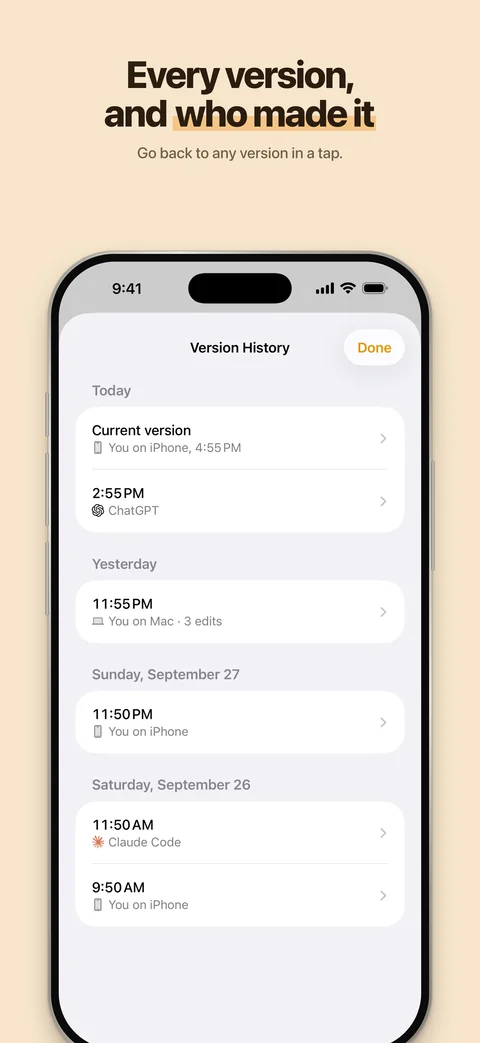 Version history on iPhone, listing each version and who made it: you on iPhone, you on Mac, ChatGPT or Claude Code