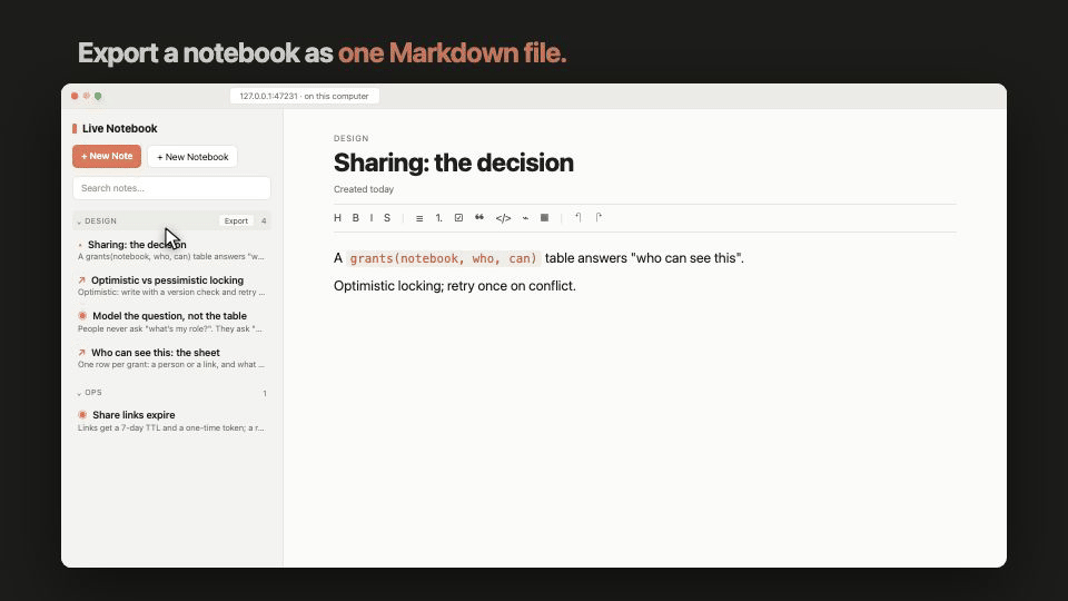 Export a notebook as one Markdown file: a design doc, ready to share.