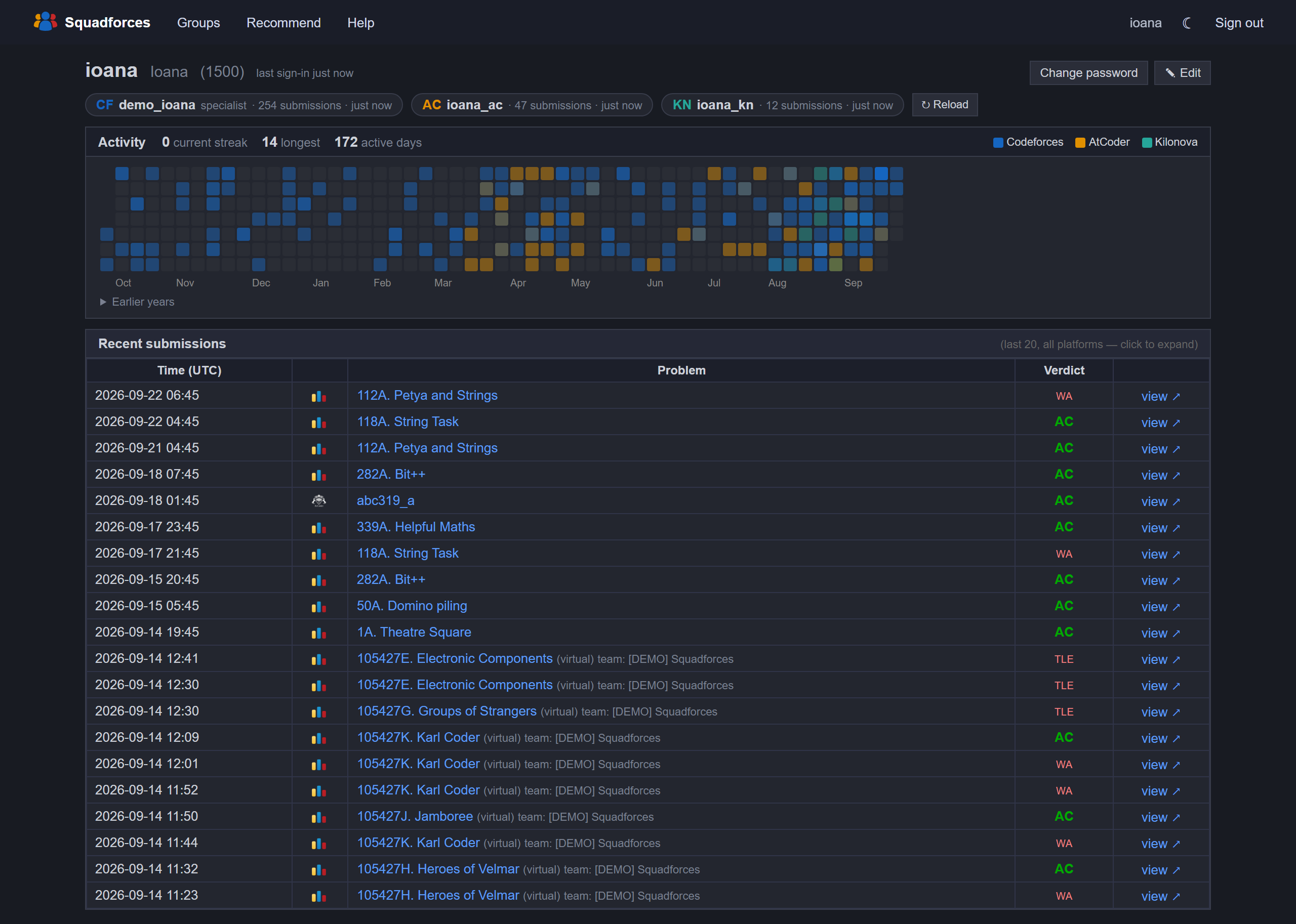 Profile page, dark theme