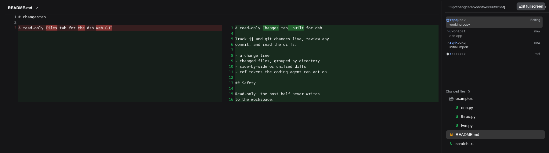 side-by-side diff of the same changed file, the column in fullscreen