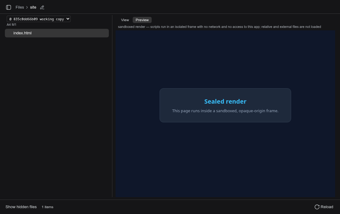 filestab rendering an HTML page in a sealed iframe, with the sandboxed-render note above the frame
