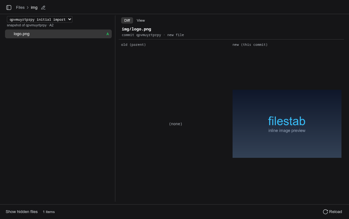 filestab in snapshot mode: a commit selected in the dropdown, its tree below, and a binary diff card in the pane