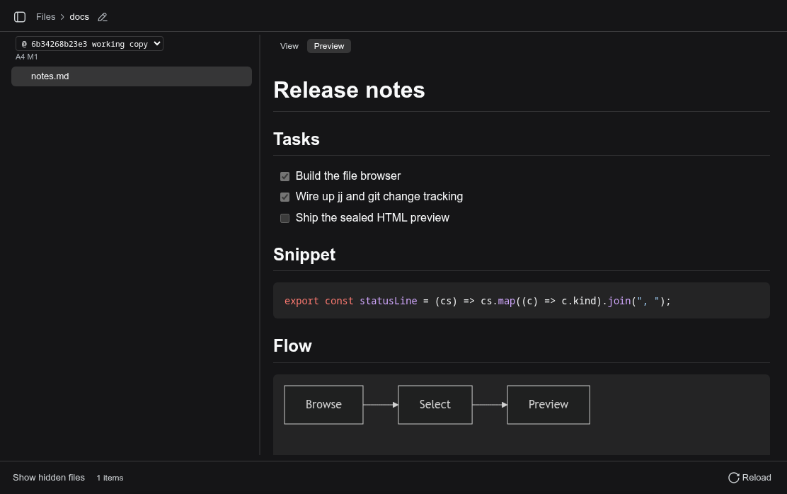 filestab rendering a markdown file: task lists, a highlighted TypeScript code fence, and a mermaid diagram in a sealed frame