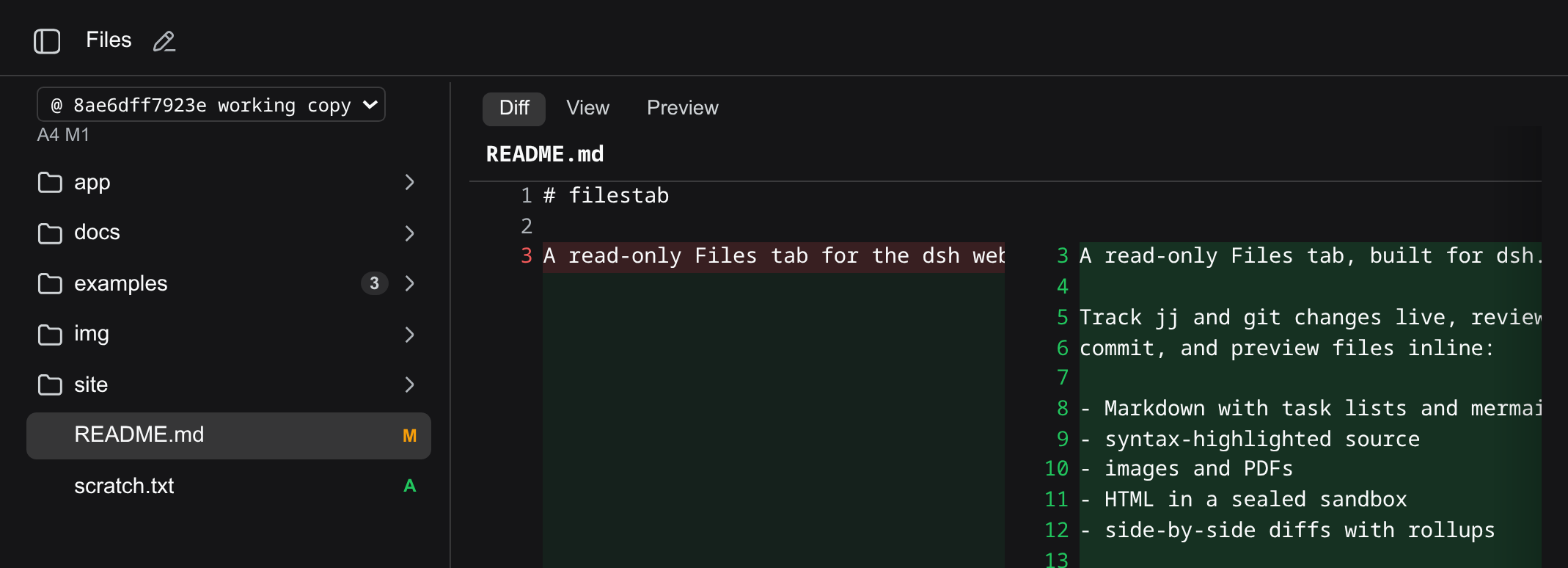 filestab file browser with per-folder change rollups, per-file status markers, and the side-by-side diff of a changed file