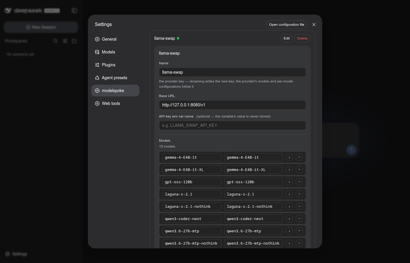 Settings → modelspoke — the provider row and the provider card