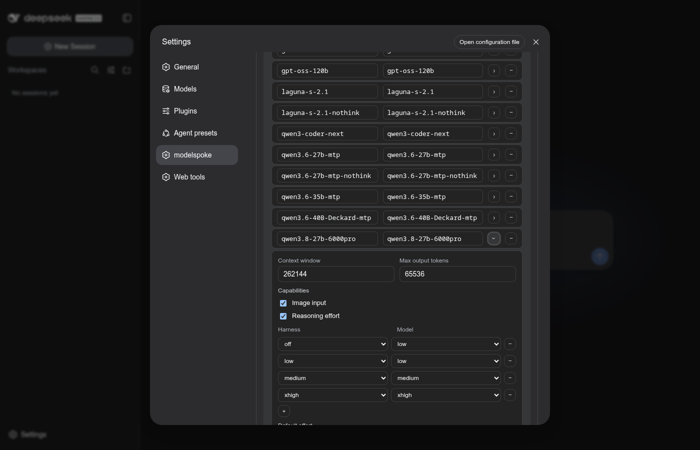 A model's editable detail inside the provider card