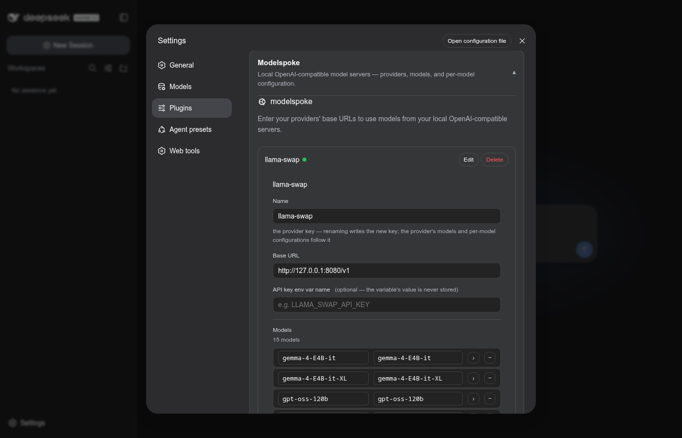 Settings → Plugins → Modelspoke card — the provider row and the provider card
