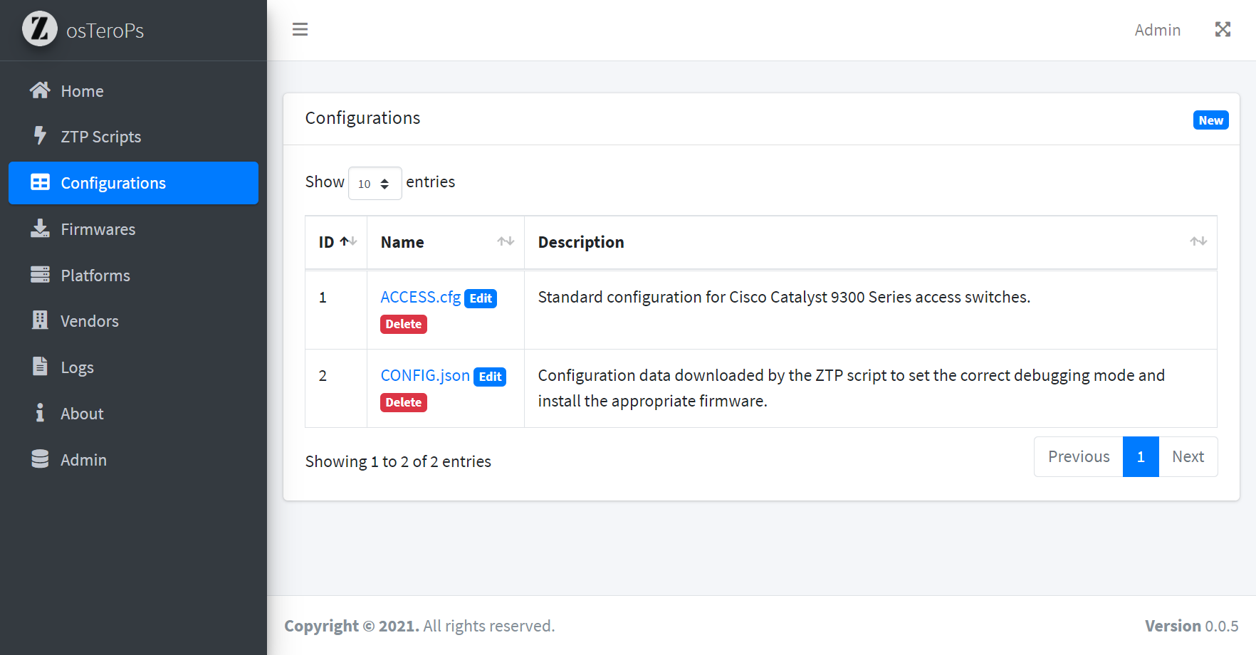 Configurations' list