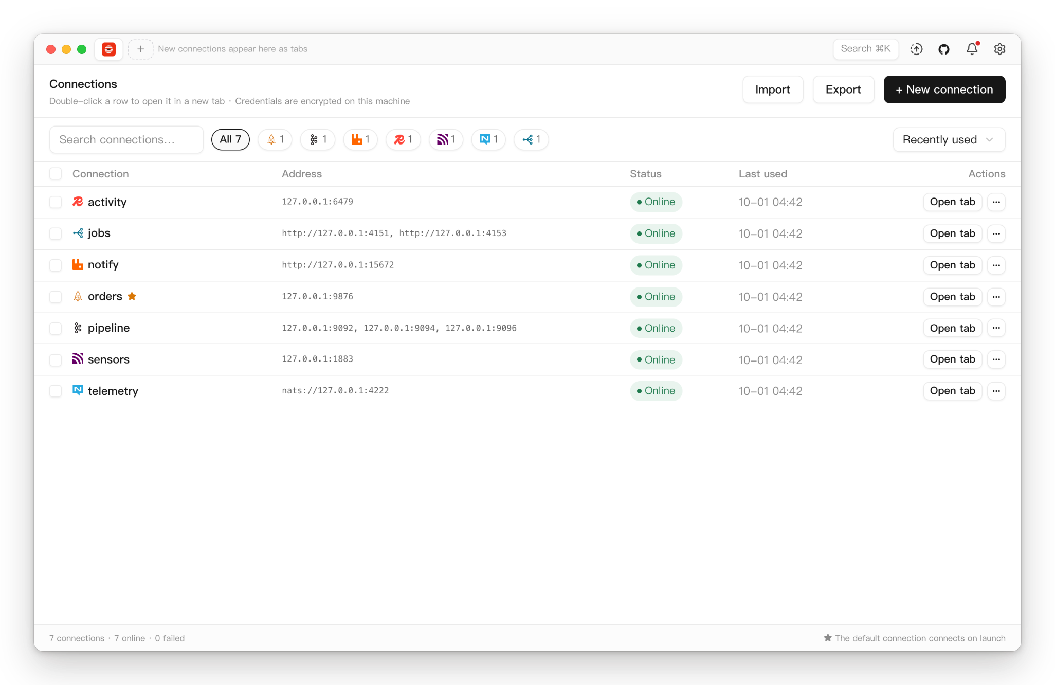 The connection list with RocketMQ, Kafka, RabbitMQ, Redis Stream, NATS, MQTT and NSQ clusters, all online