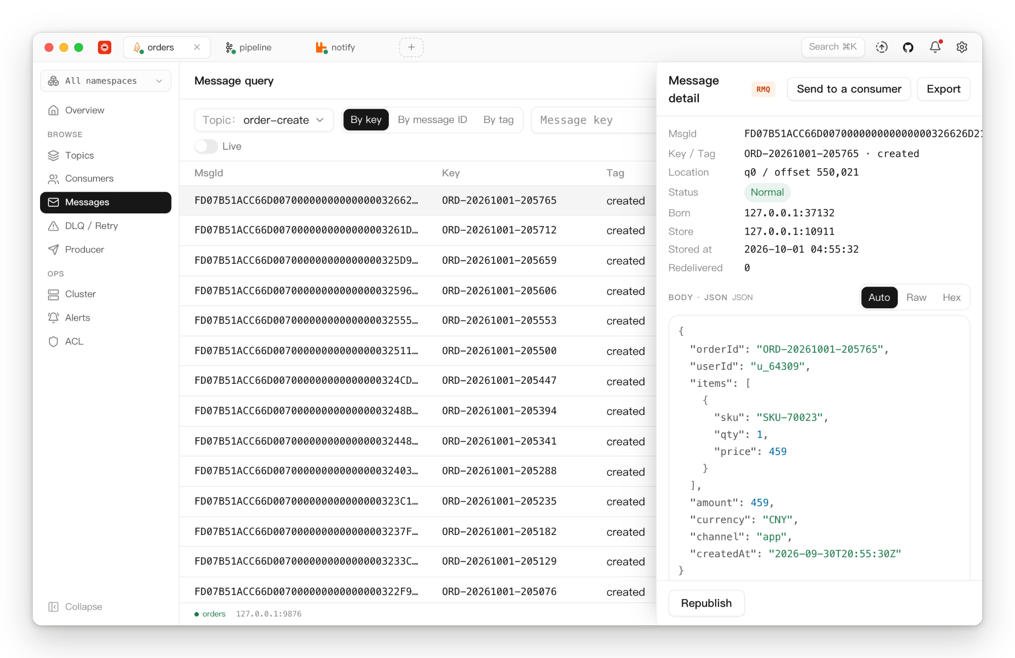Querying messages on a RocketMQ topic, with one order message open and its JSON body formatted