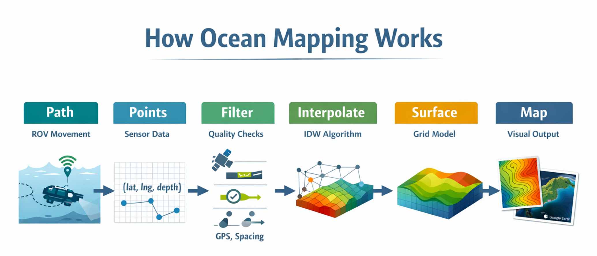 OMEGA mapping pipeline diagram showing path, points, filter, interpolation, surface, and map output.