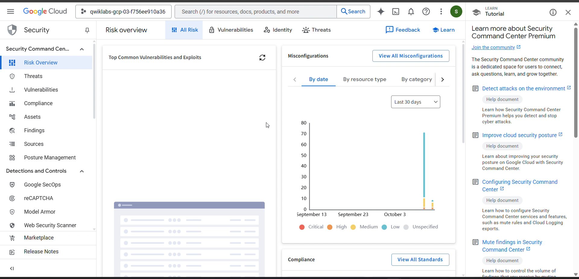 Google Cloud Security Command Center Risk Overview Dashboard.