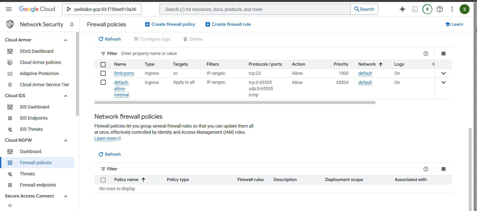 Final firewall policies with logging enabled.