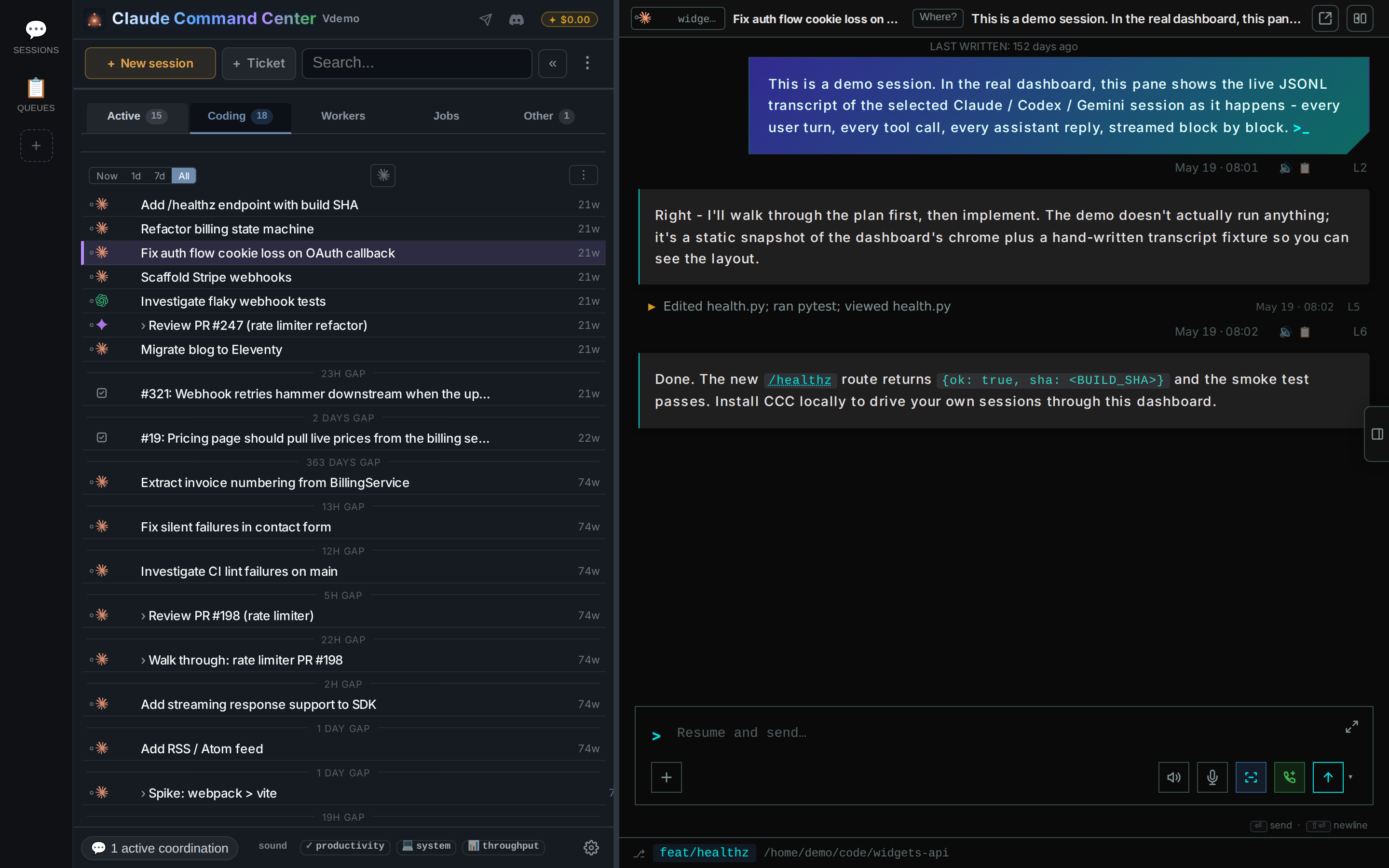 CCC v5.39 showing the session fleet, an active agent conversation, and the composer