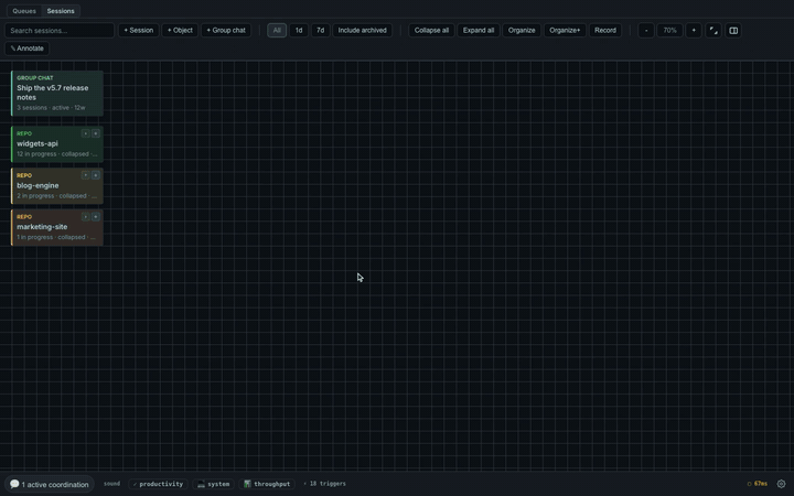 Organizing sessions on the CCC Flow canvas