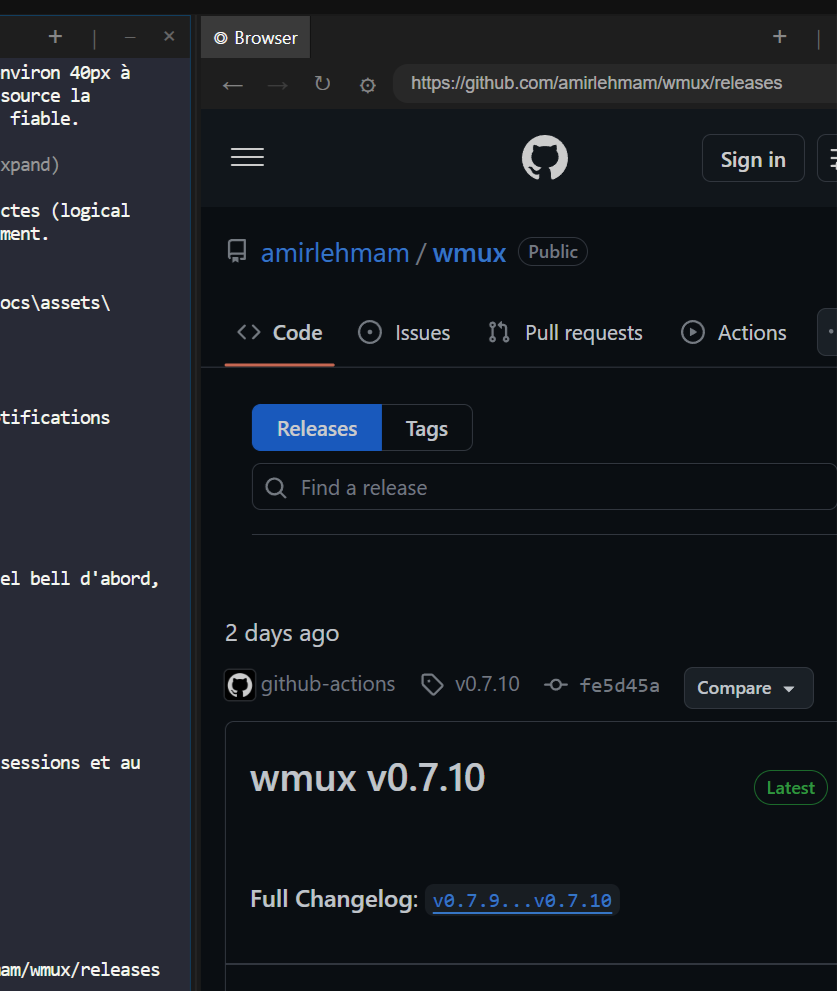 Built-in browser panel showing live web activity