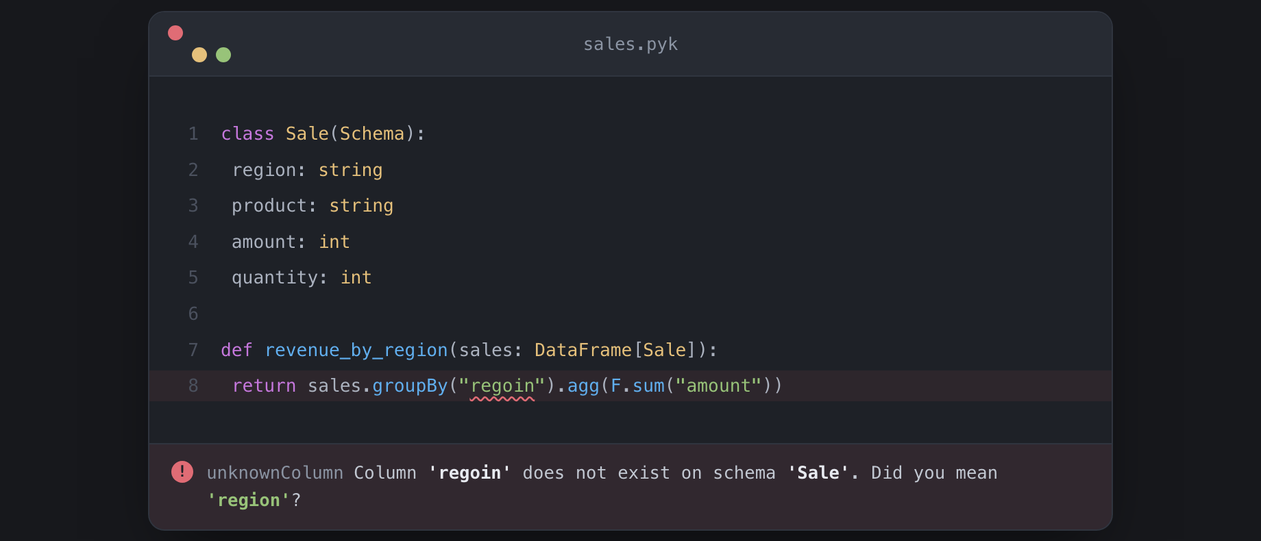 pykrete catching a misspelled column name in the editor — diagnostic: 'regoin' does not exist on schema 'Sale'. Did you mean 'region'?