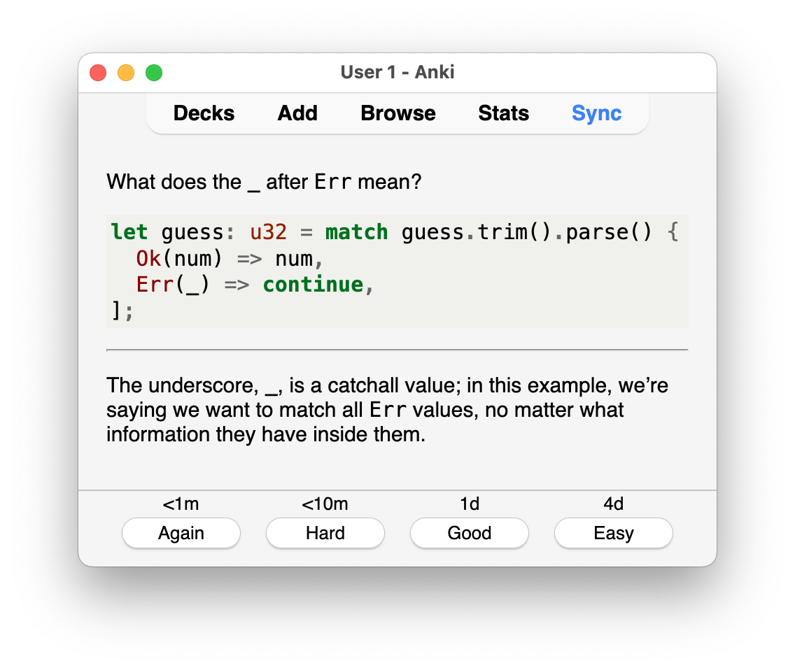 Screenshot of Anki showing a Rust flashcard