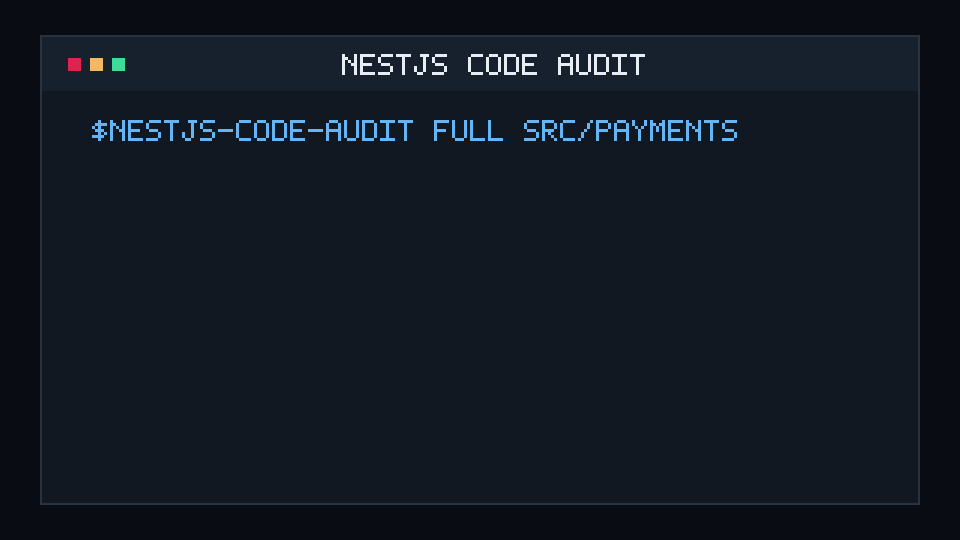 Animated terminal preview of the NestJS code audit skill