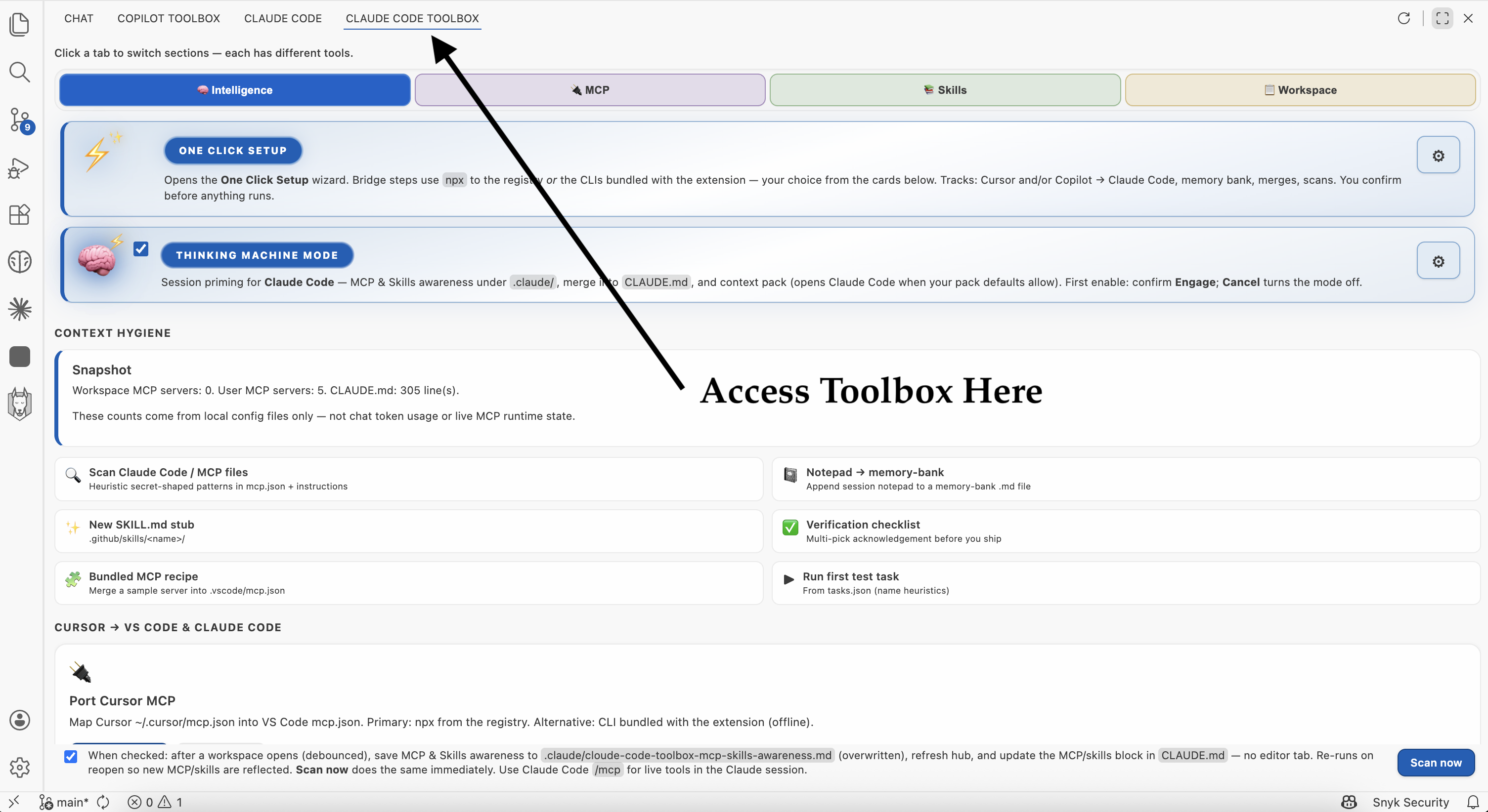 Activity Bar → Claude Code ToolBox; Side Bar → MCP & skills hub