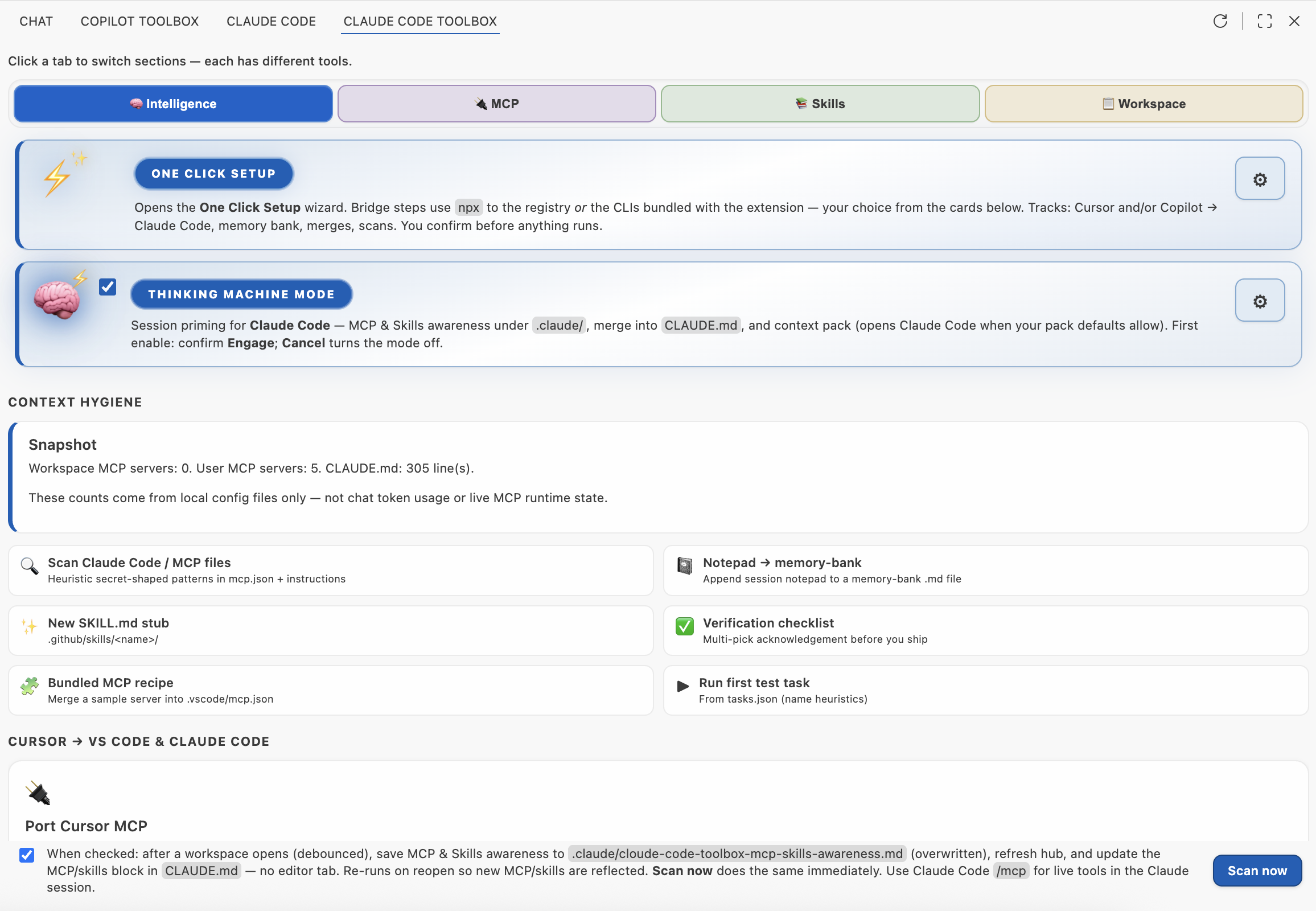 Intelligence tab: Cursor to VS Code + Claude Code bridges, context packs, and readiness