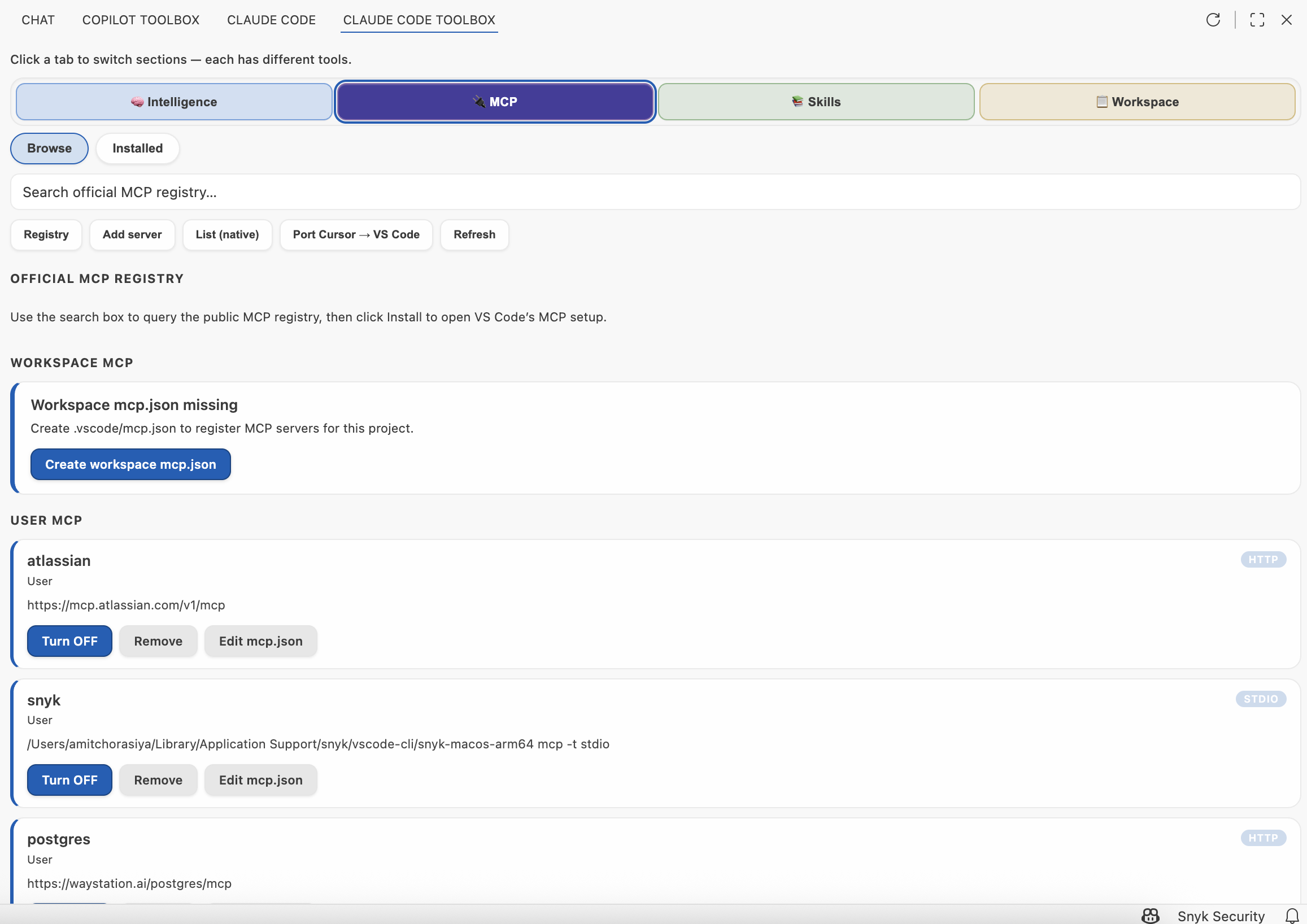 MCP: installed workspace servers
