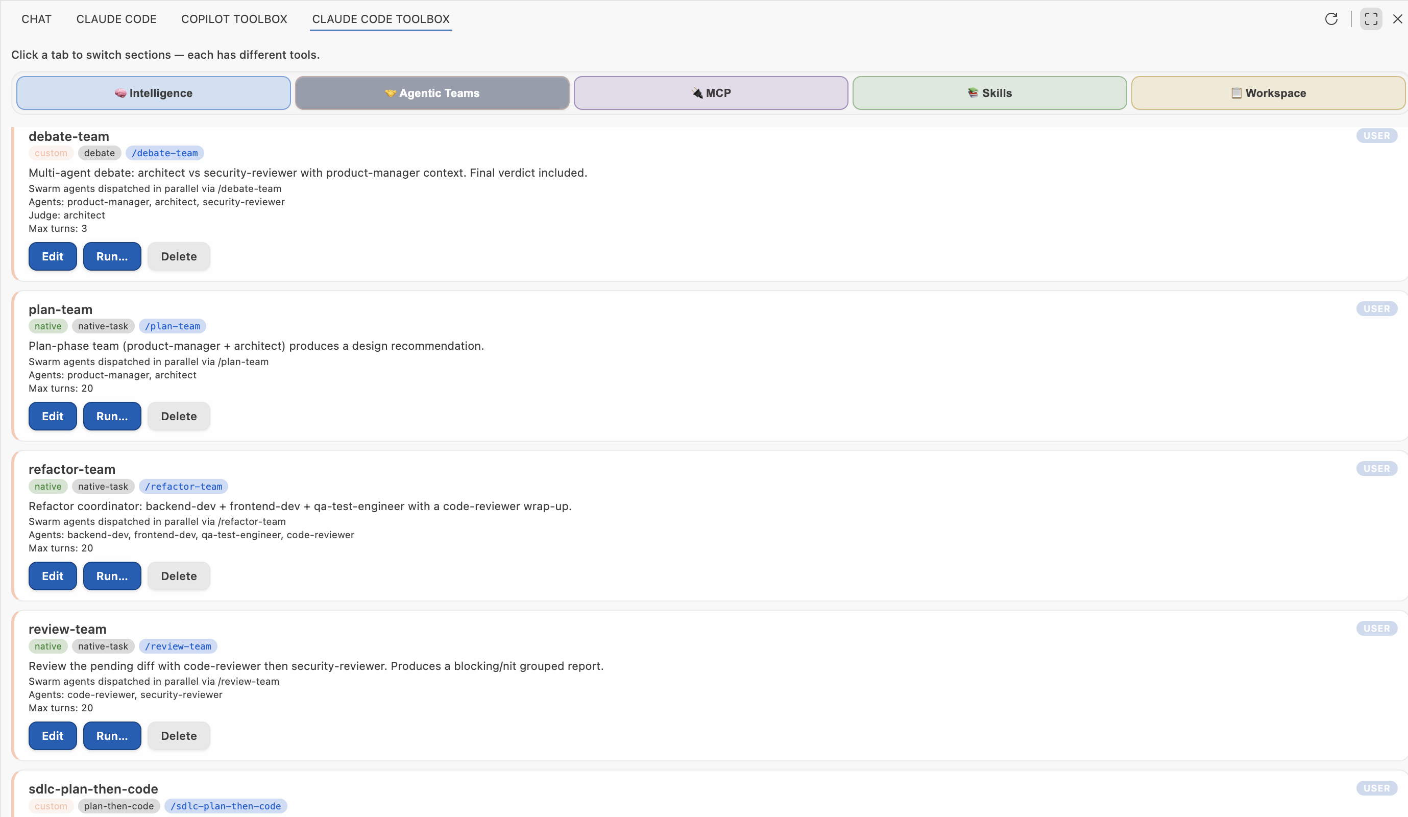 Agentic Teams: teams with protocols, swarm dispatch, and one-click Run