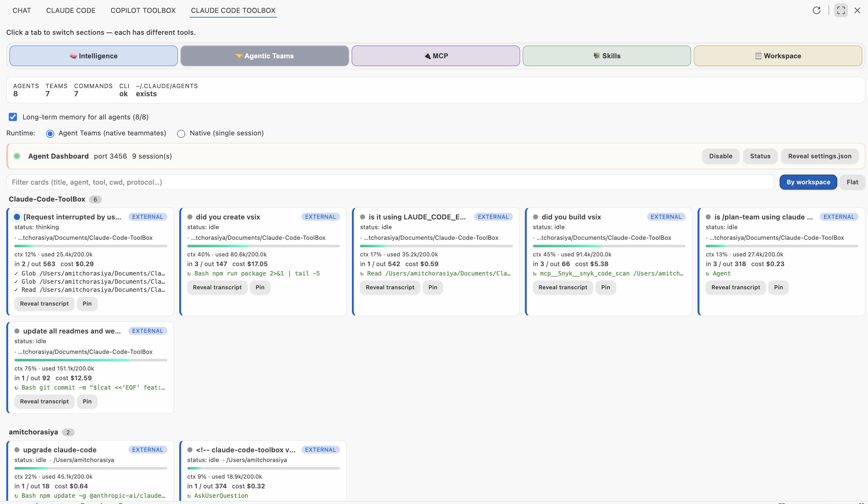 Agent Dashboard: live session cards with cost, context, tools, and LTM toggle