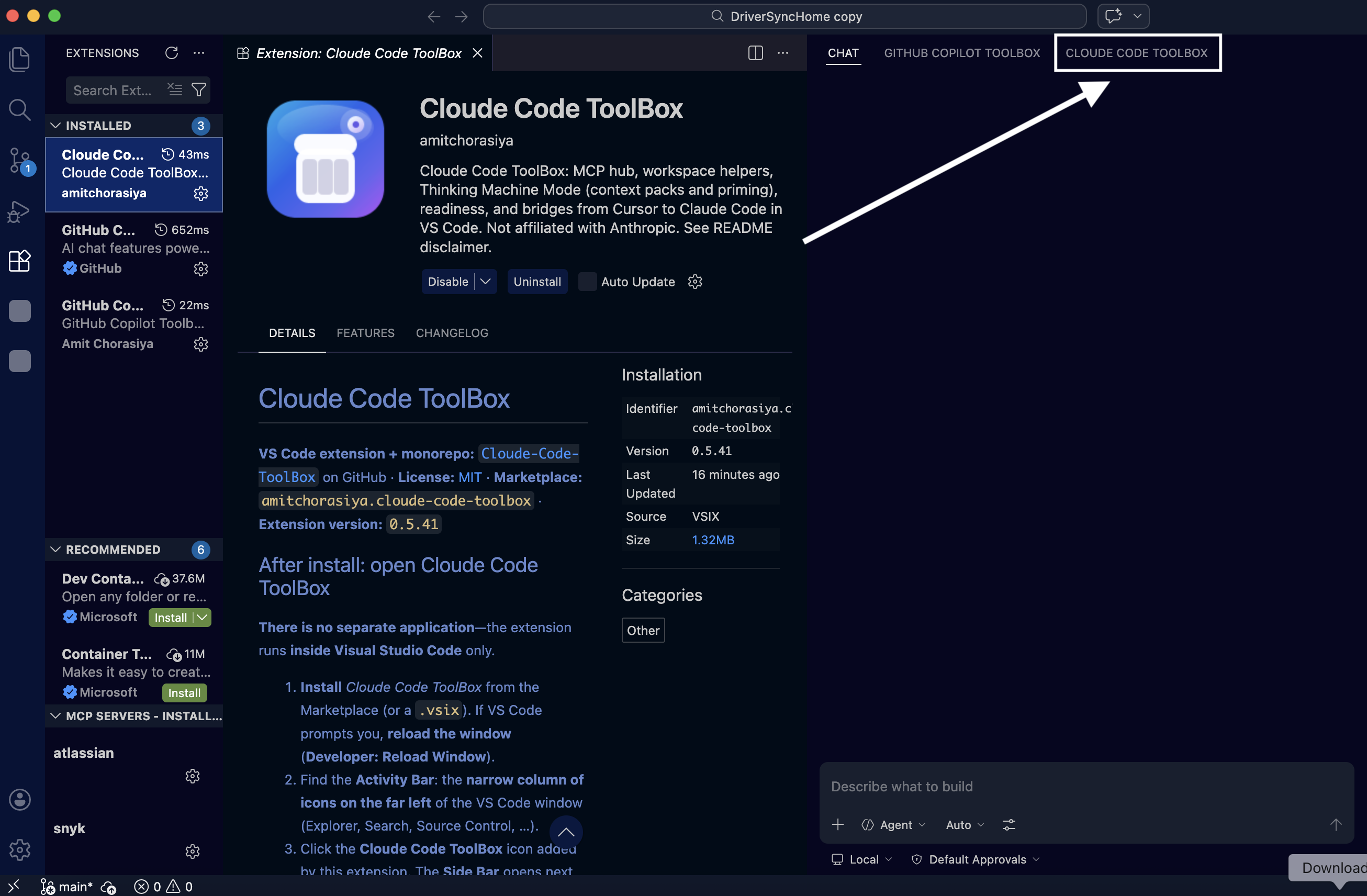 Activity Bar → Cloude Code ToolBox; Side Bar → MCP & skills hub