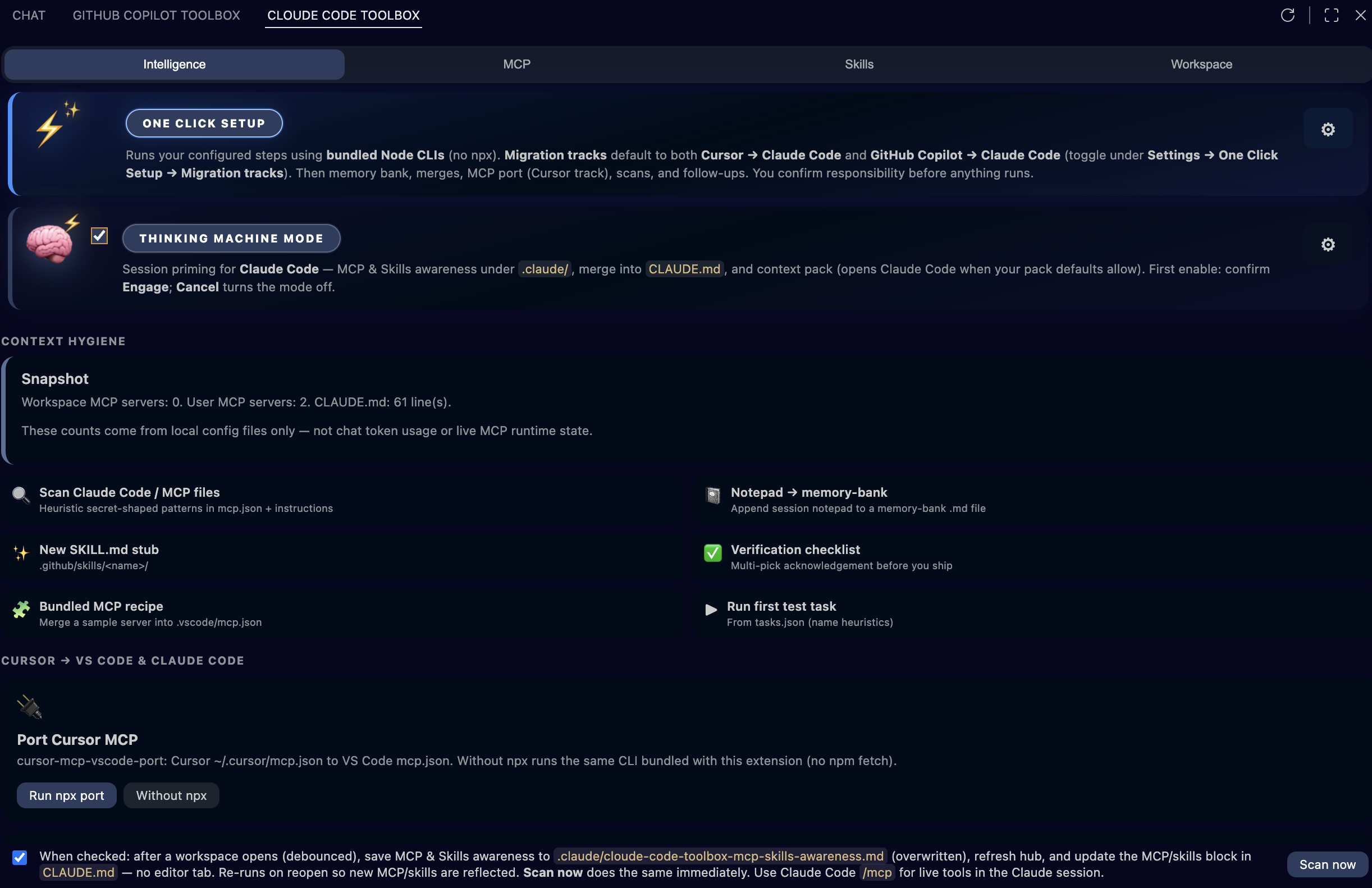 Cloude Code ToolBox hub: Intelligence tab with Cursor to VS Code and Claude Code bridges. Click to view fullscreen.