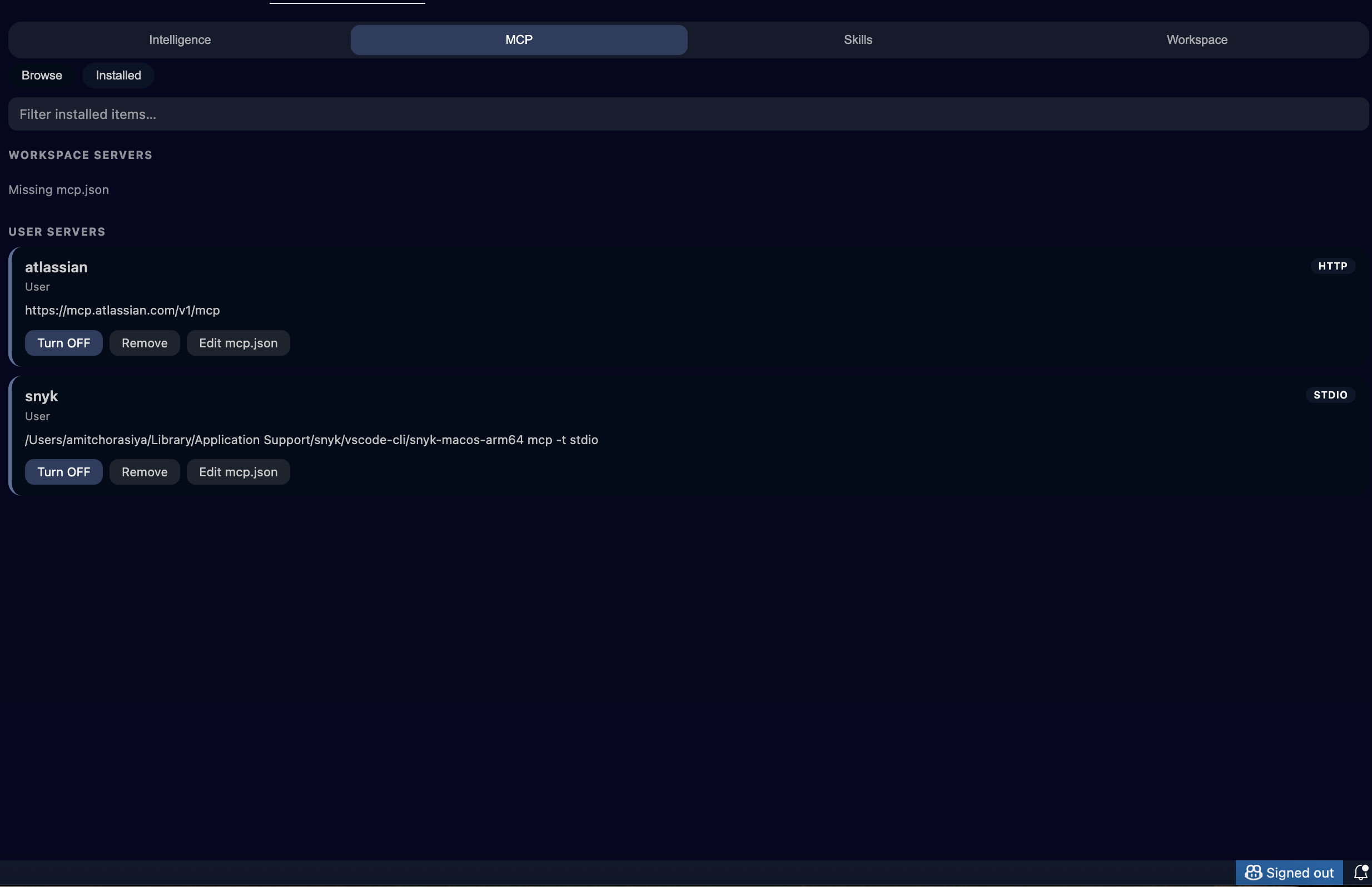MCP: installed workspace servers (Browse / Installed)
