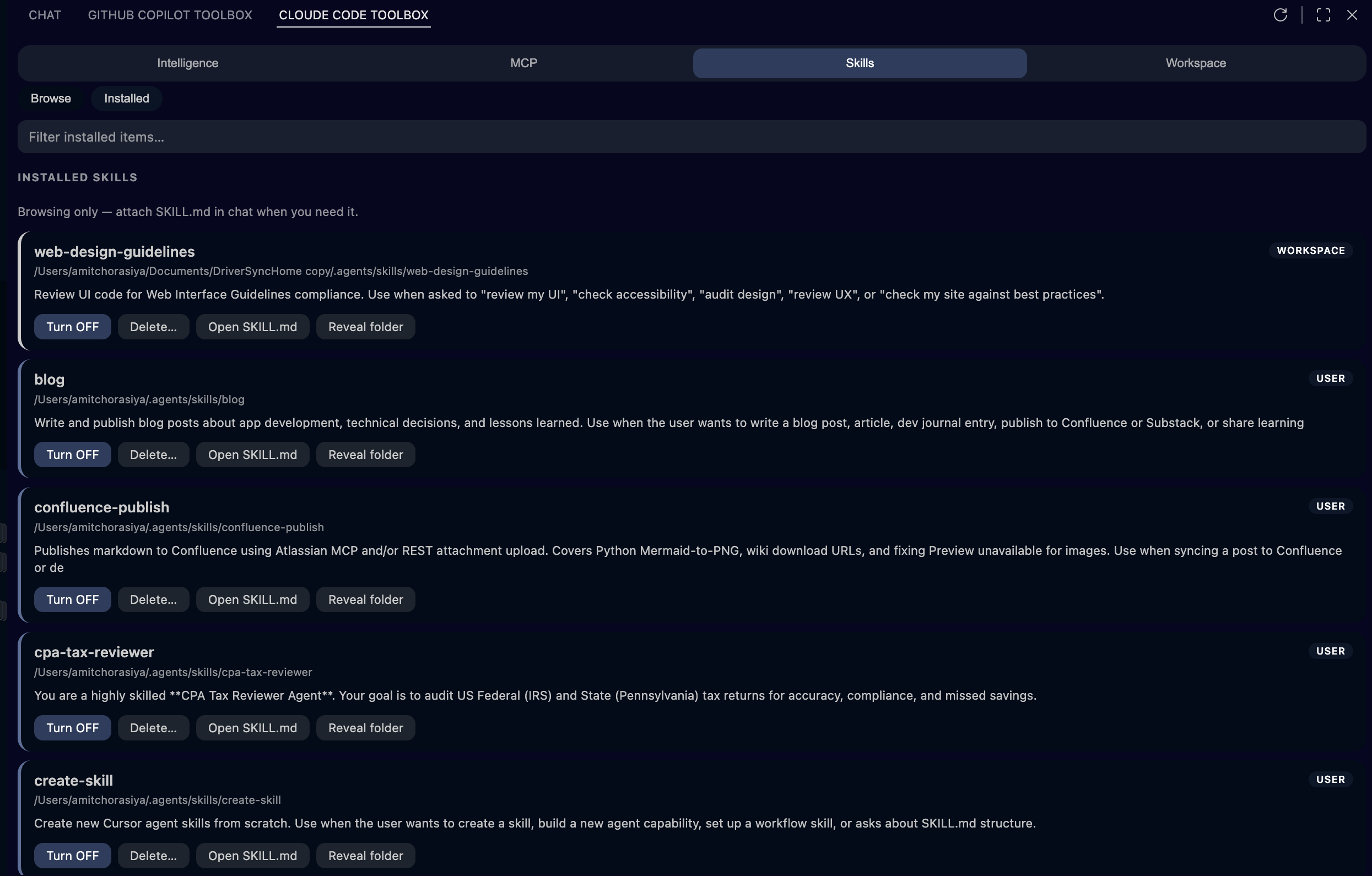 Installed local skills. Click to view fullscreen.