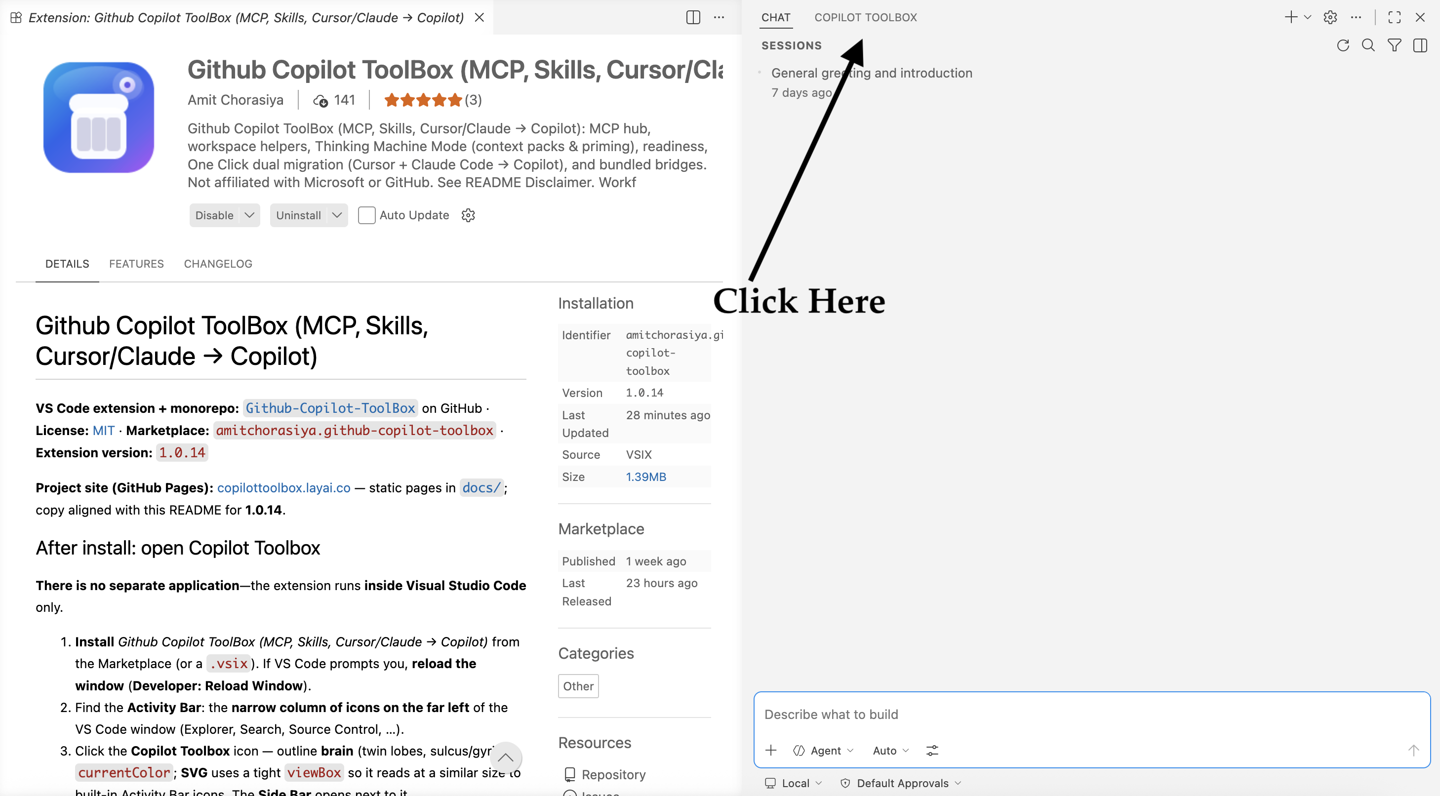 Activity Bar → Copilot Toolbox; Side Bar → MCP & skills hub