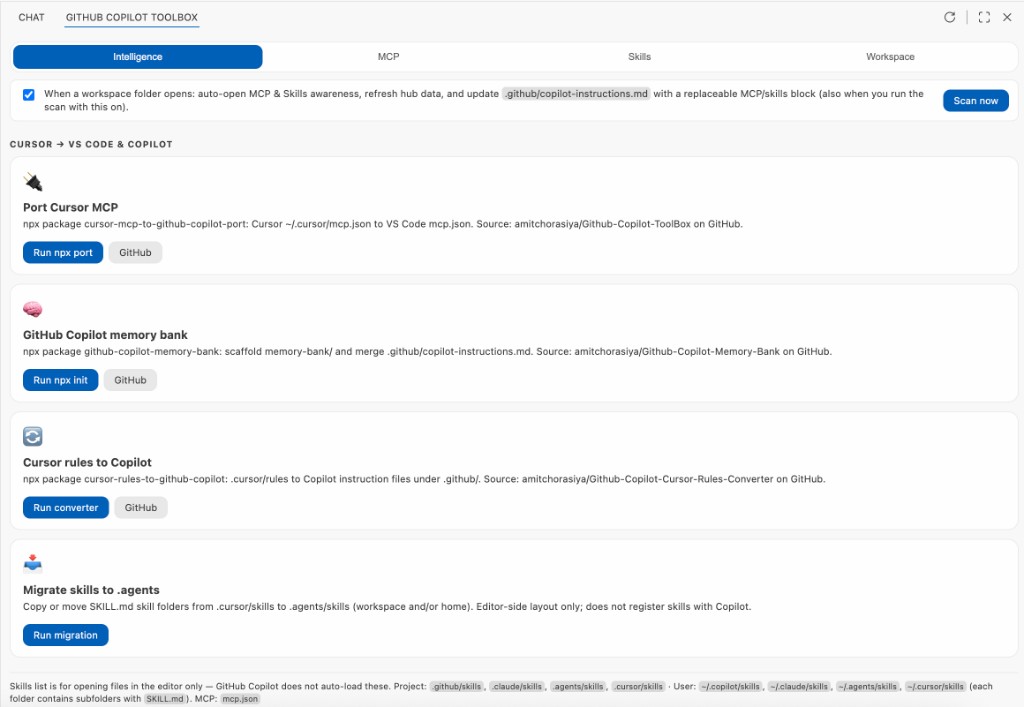 Intelligence tab: Cursor to VS Code and Copilot bridges