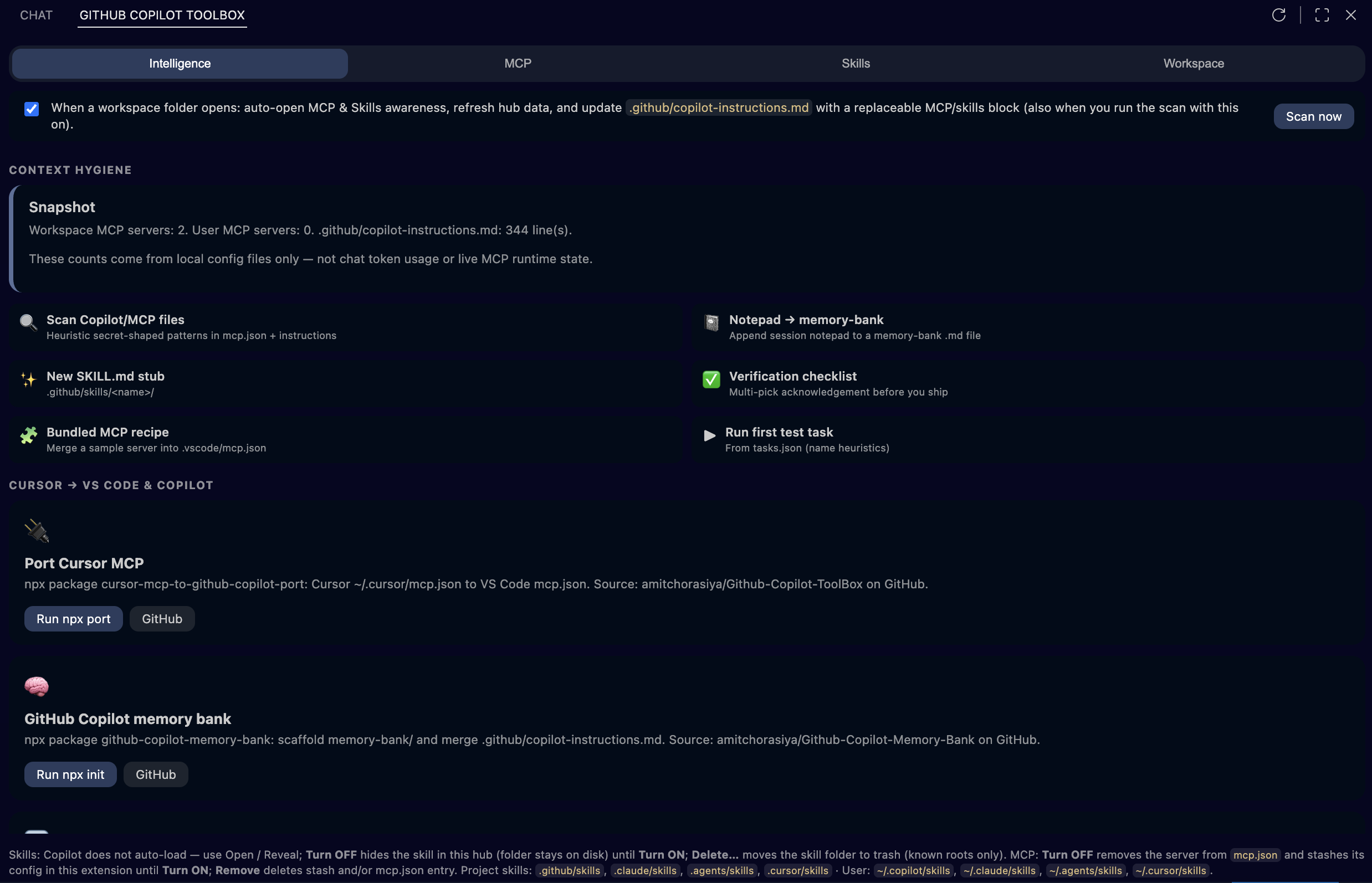 Intelligence tab: Cursor to VS Code and Copilot bridges