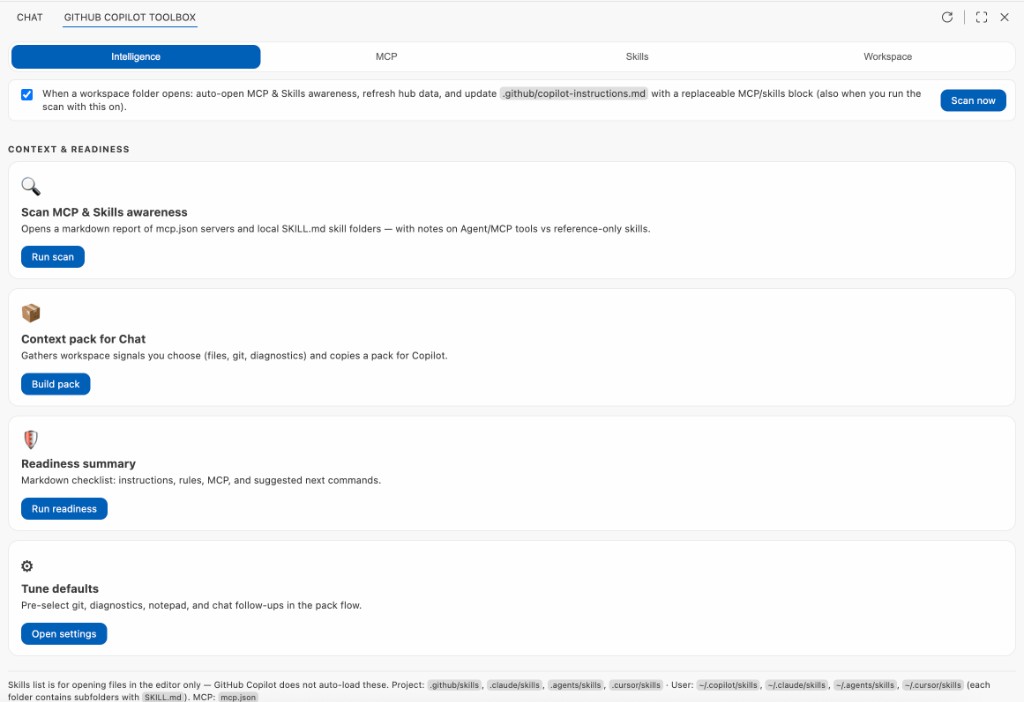 Intelligence: context pack and readiness actions