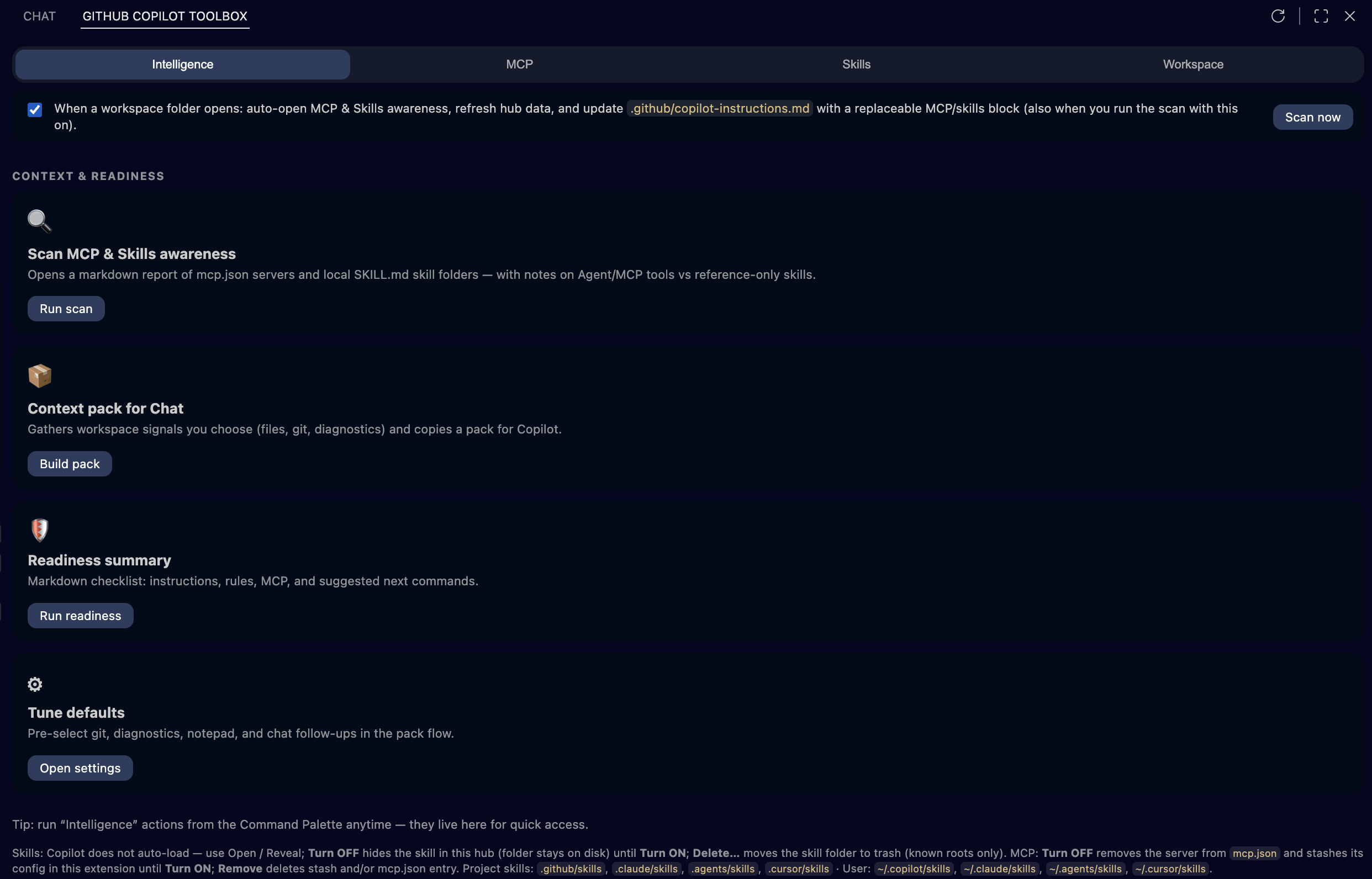 Intelligence: context pack and readiness actions