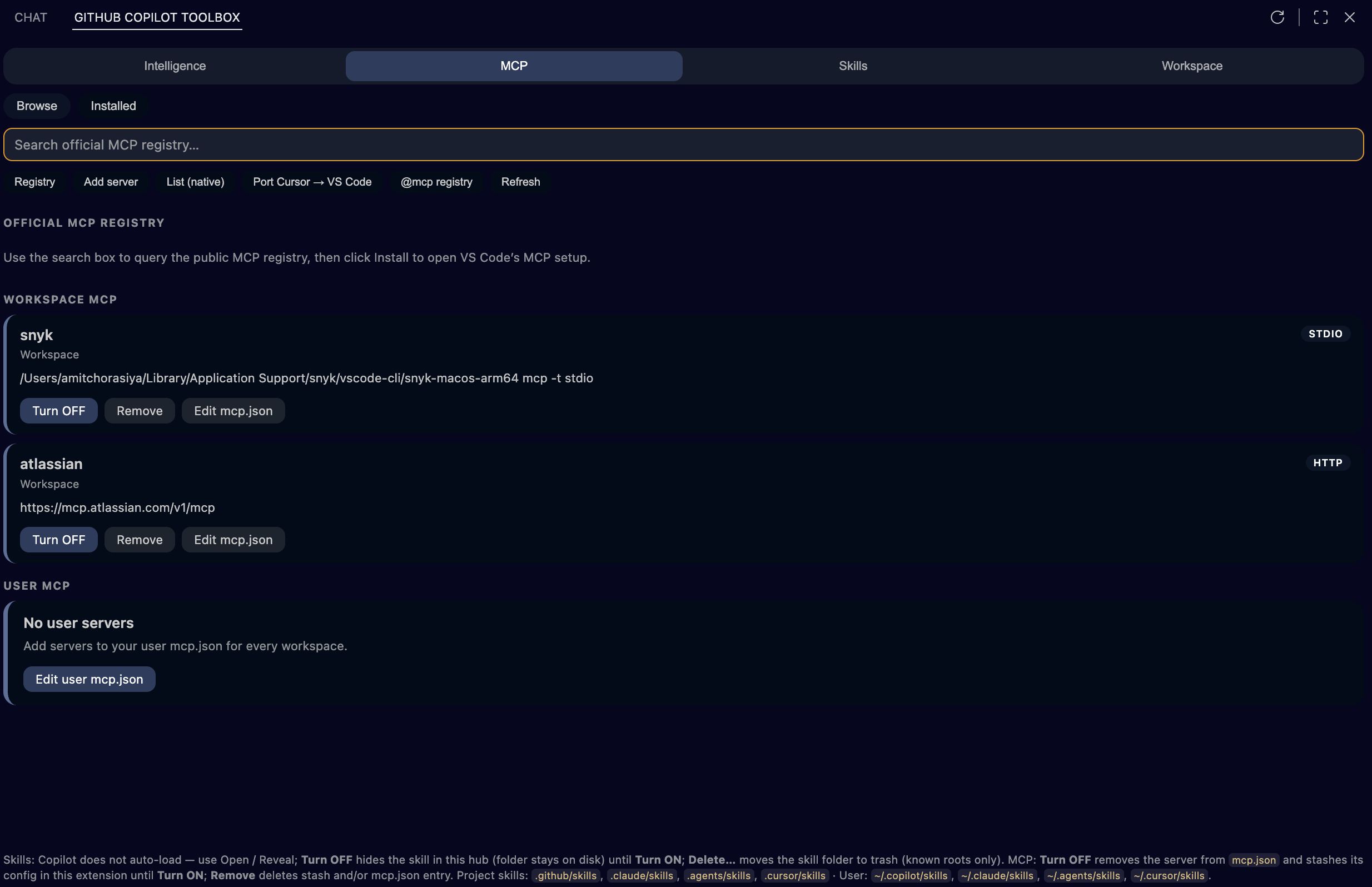MCP: installed workspace servers (Browse / Installed)