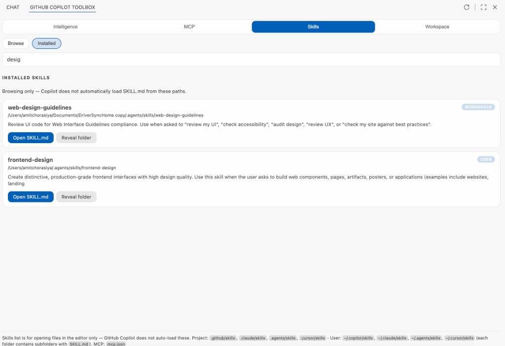 Skills: installed local skill folders