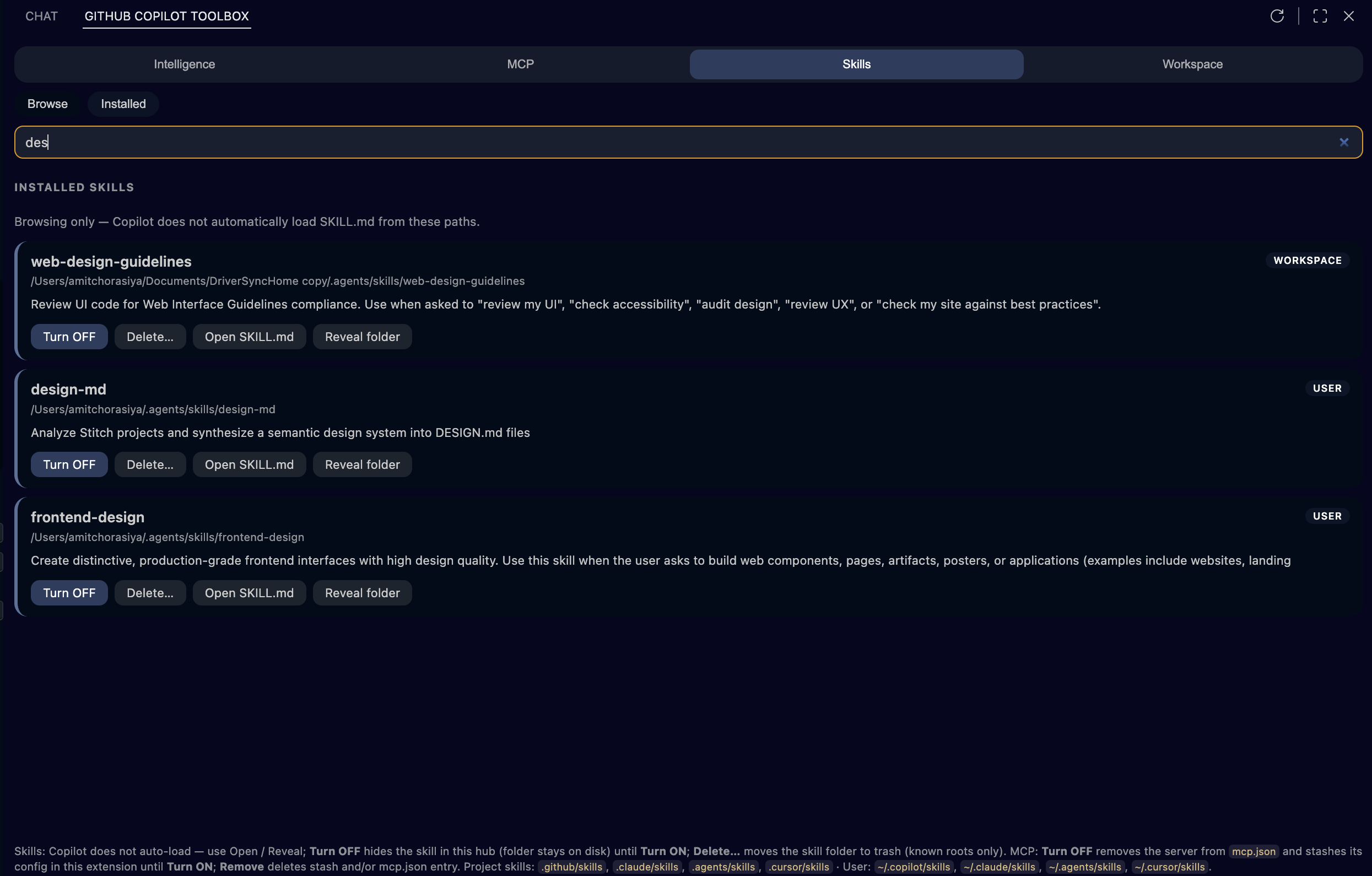 Skills: installed local skill folders