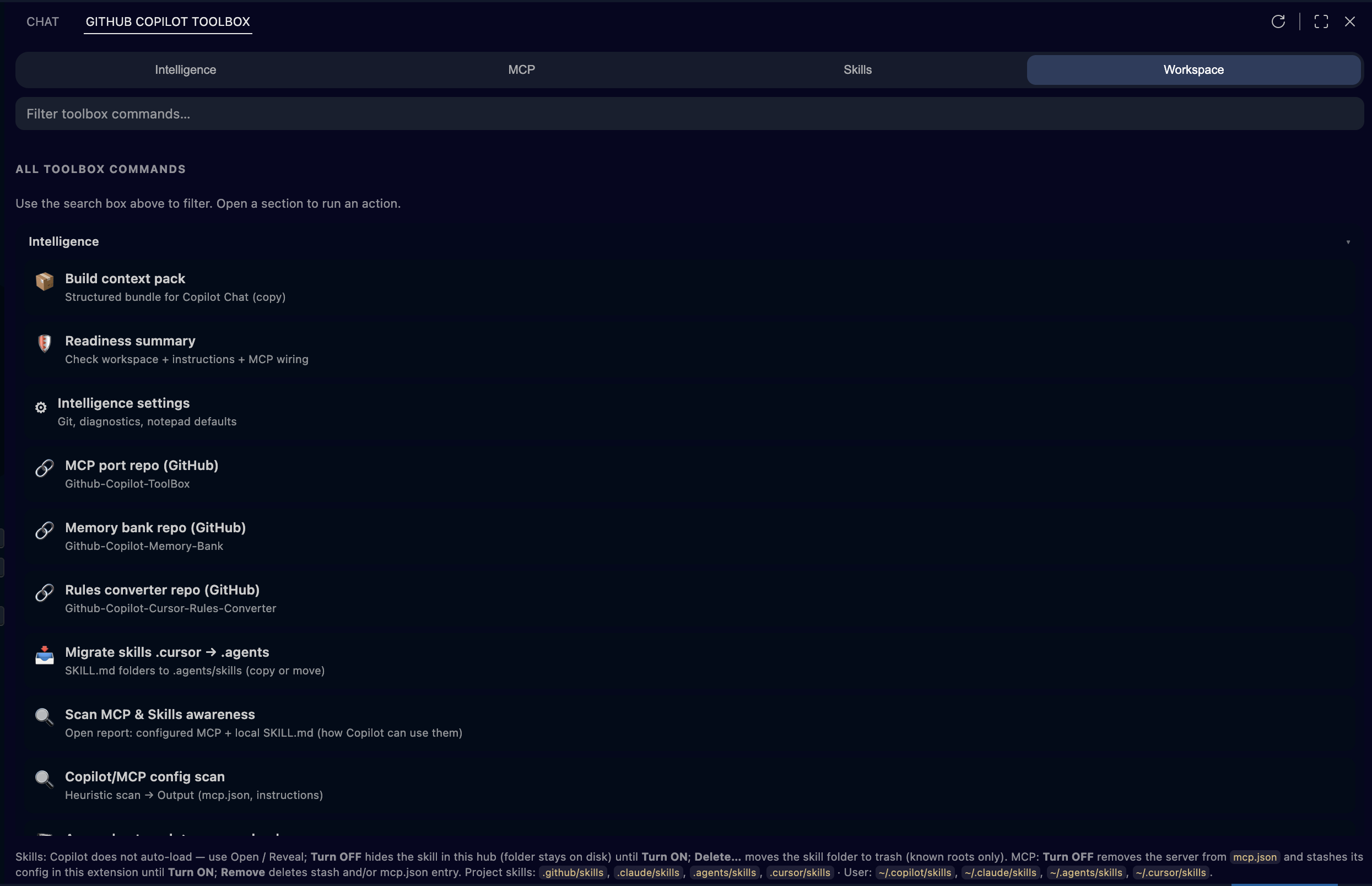 Intelligence: context hygiene, snapshot, and quick actions