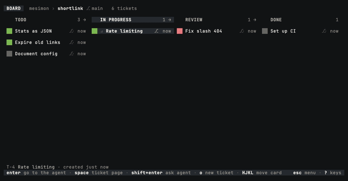 From a ticket page into the agent's own terminal, a message typed to it, and back to the board