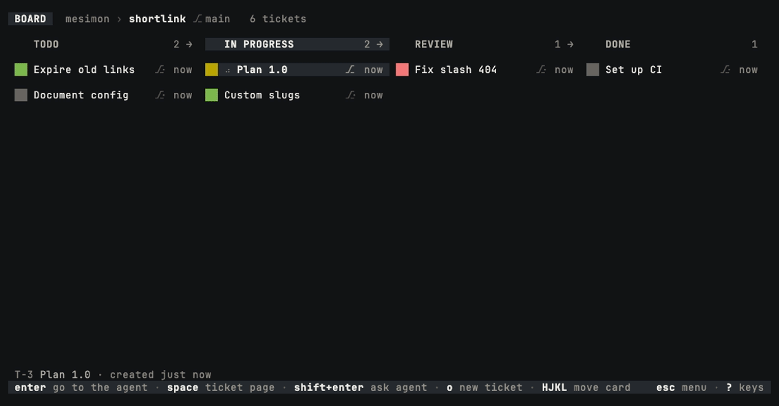 Crowning a working agent's ticket with ctrl-o: its agent files two tickets, moves one, tags one and starts an agent on another