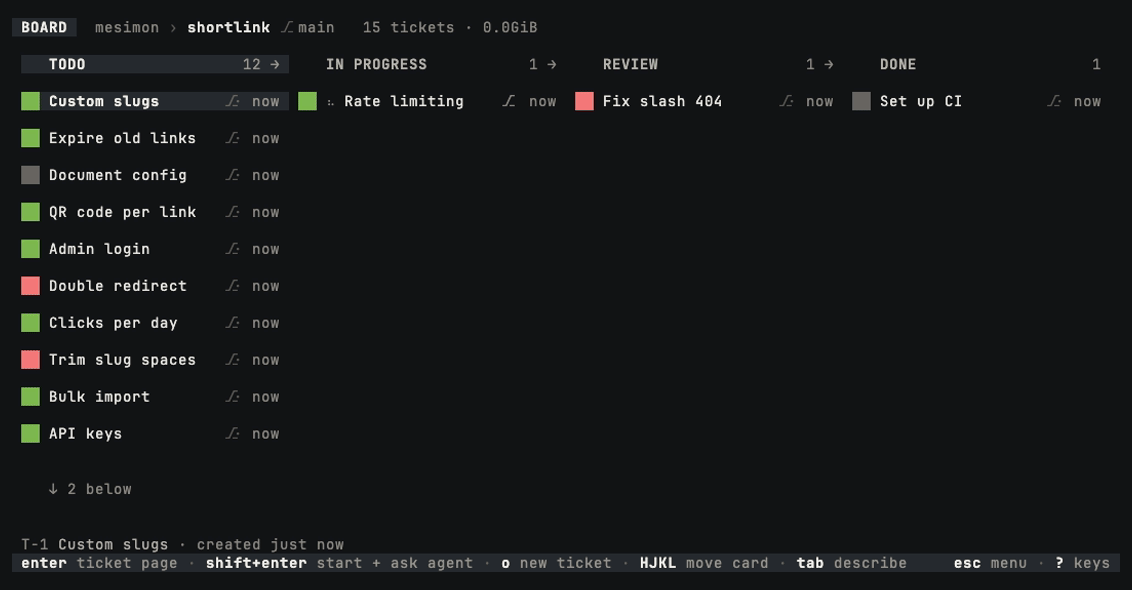 Typing csv into the search picker narrows fifteen tickets to one, and enter puts the cursor on its card