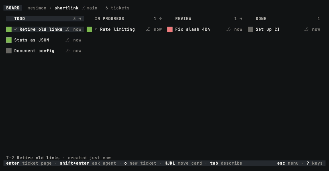 Writing a ticket's description with tab, opening its page, and opening a link from its agent's note with ctrl-k